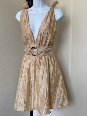 Lovers + Friends Beige Crinkle V-Neck Mini Dress with Ring Belt